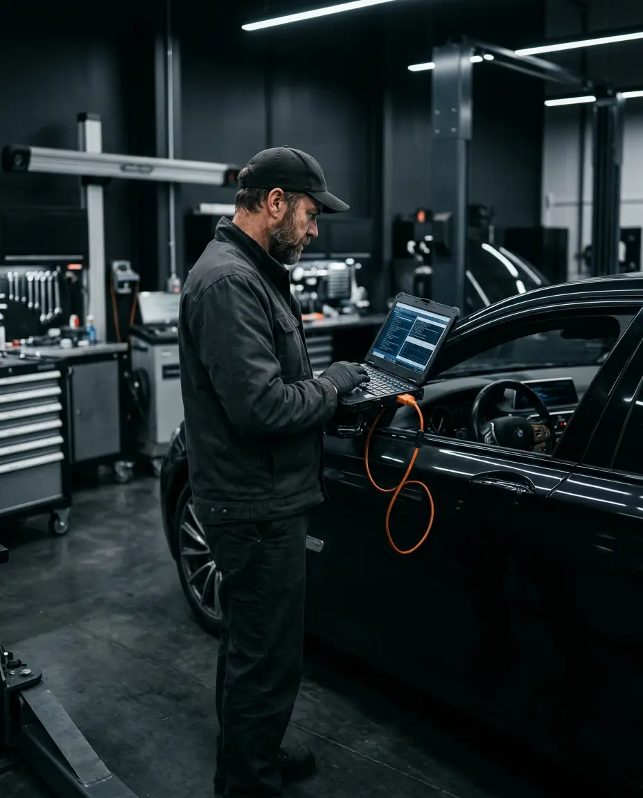 Mechanik wykonujący diagnostykę komputerową samochodu w warsztacie MB Auto Bartkowiak